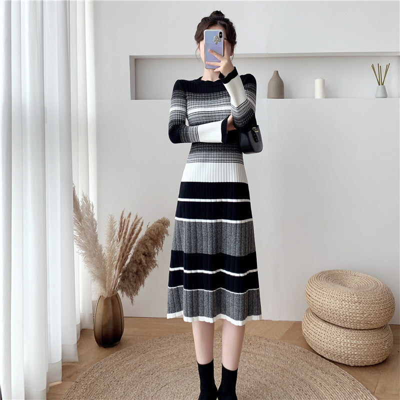 Elegant Striped Knitted Dress Women