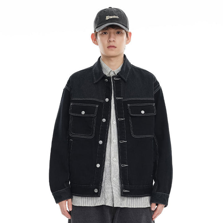 Color Stitching Turnover Neck Denim Coat Men And Women Cityboy Loose Workwear Casual Jacket