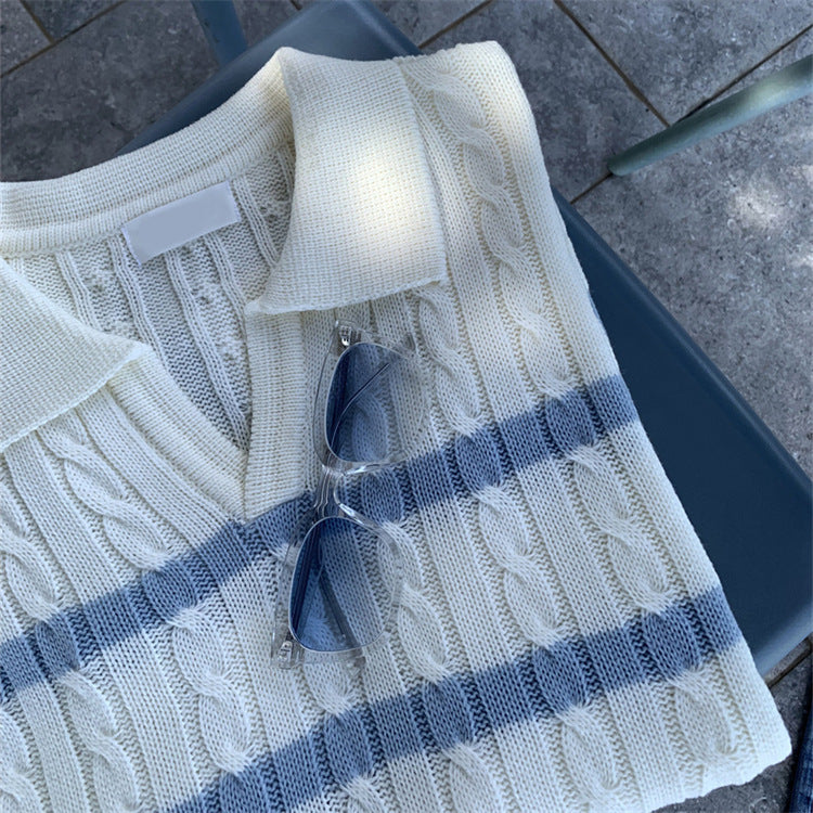 Lightweight Y-shaped Lapel Elegant Striped Vertical Striped Sweater