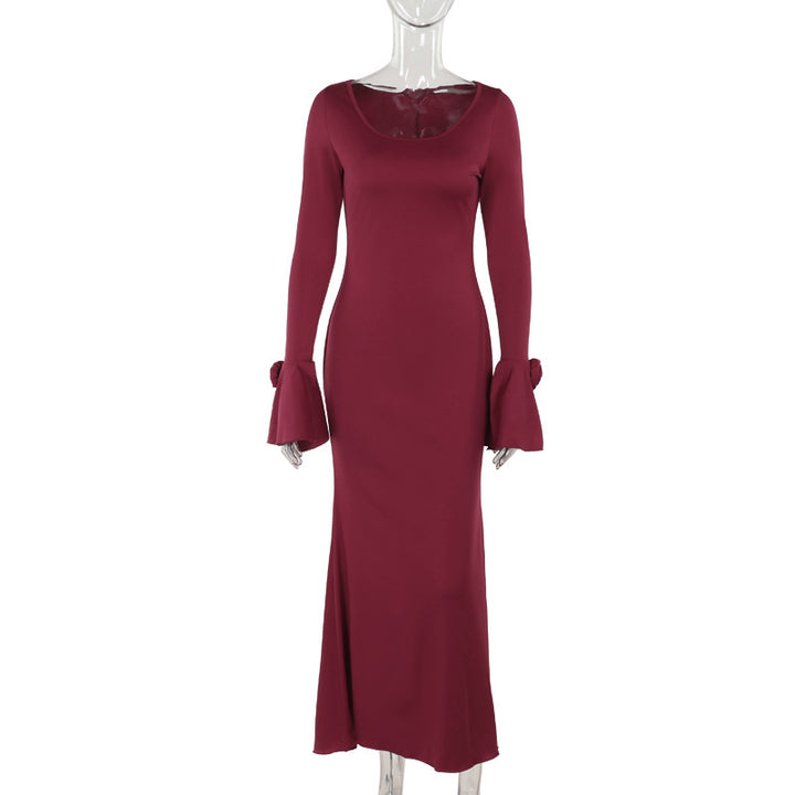 Round Neck Rose Long Sleeve Dress Women