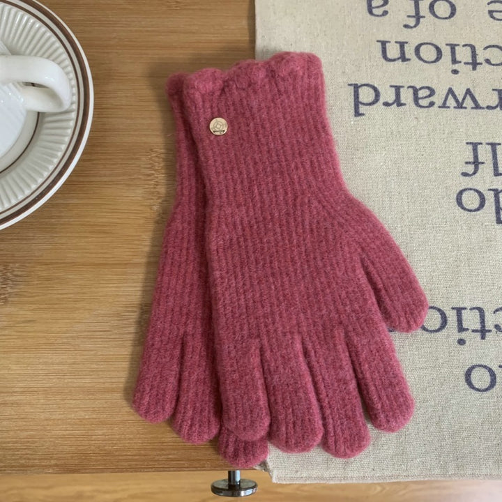 Winter Solid Color Woolen Ruffled Warm Gloves For Women