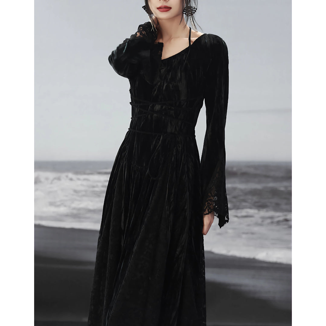 Dark Velvet Lace Splice Dress for Women - Elegant Autumn Style