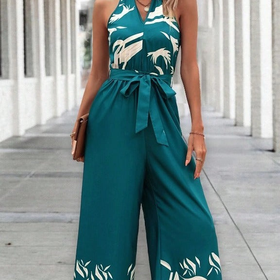 Printing Series Belt Halter Backless Wide Leg Jumpsuit