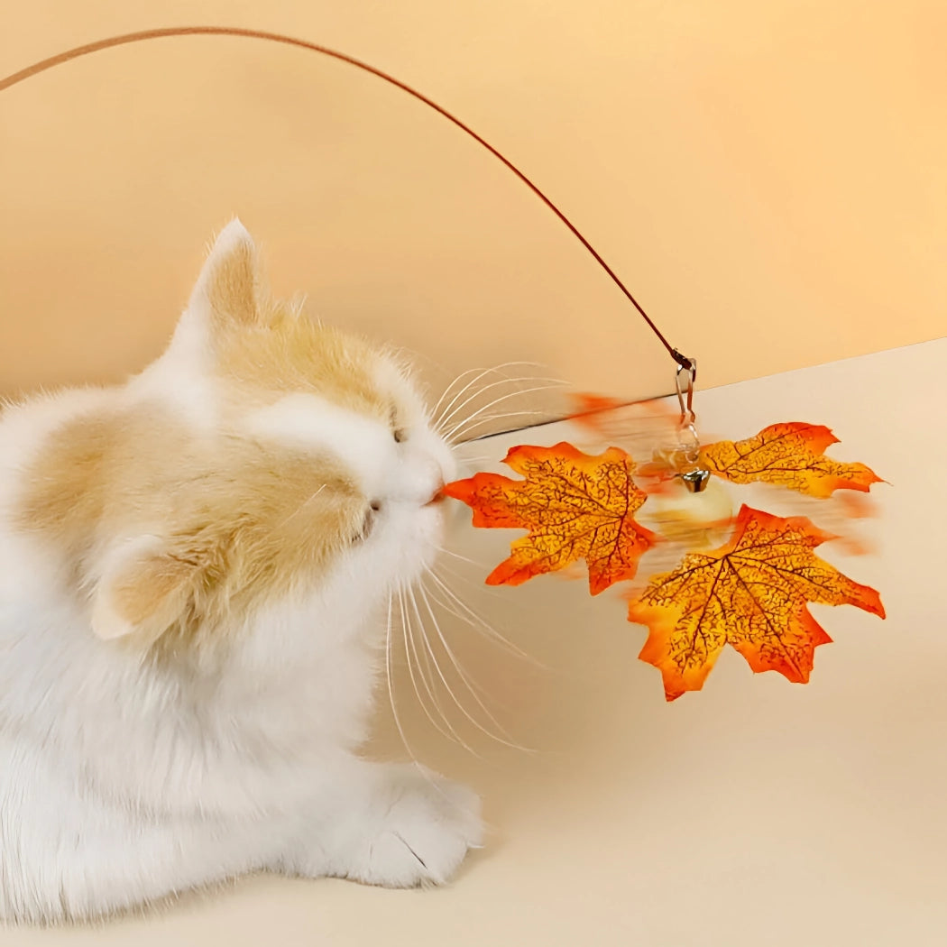 Interactive Rotating Leaf Cat Teaser Toy - Wooden Handle & Steel Wire for Cat Training