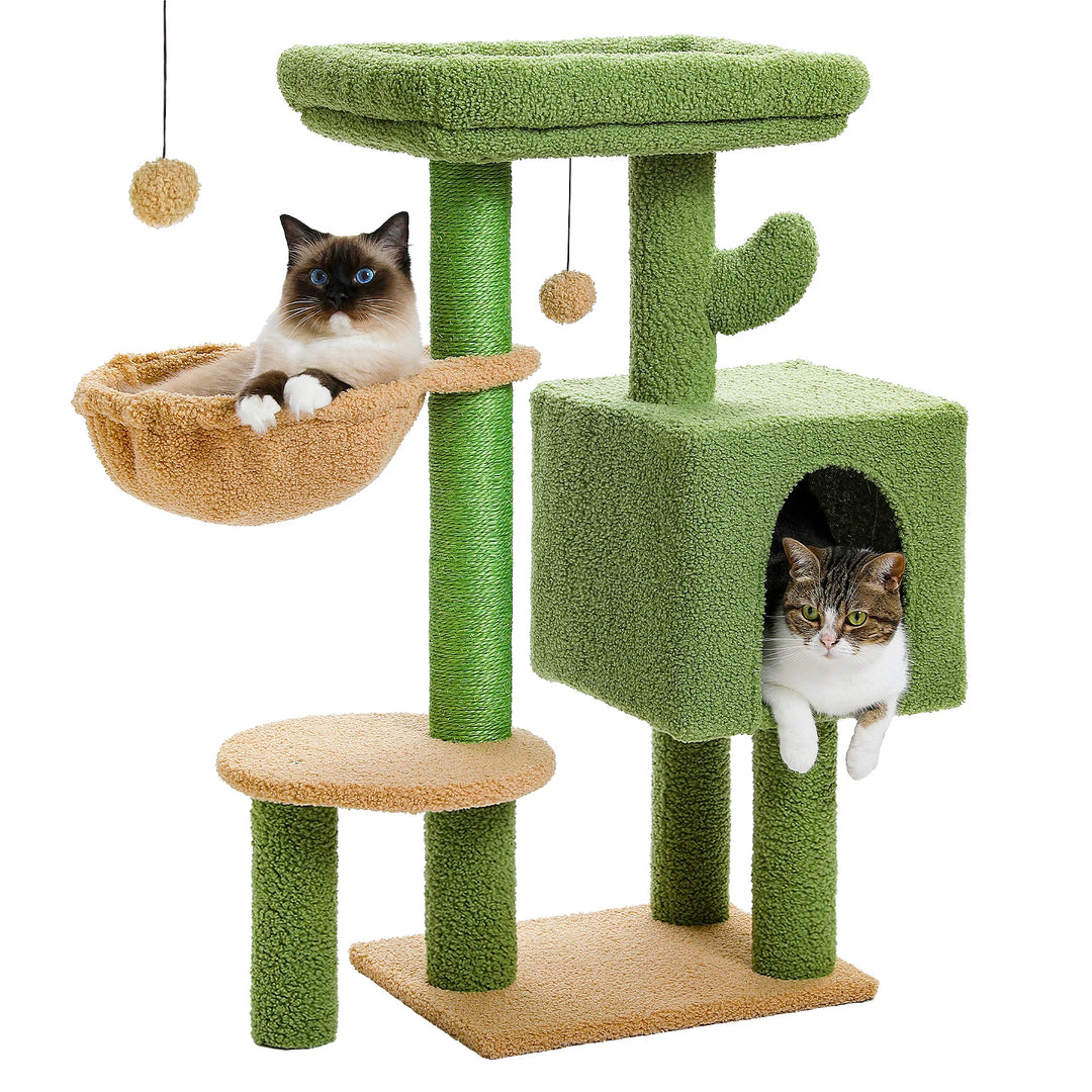 Cactus Cat Tree Tower with Padded Perch, Hammock, Condo & Scratching Posts