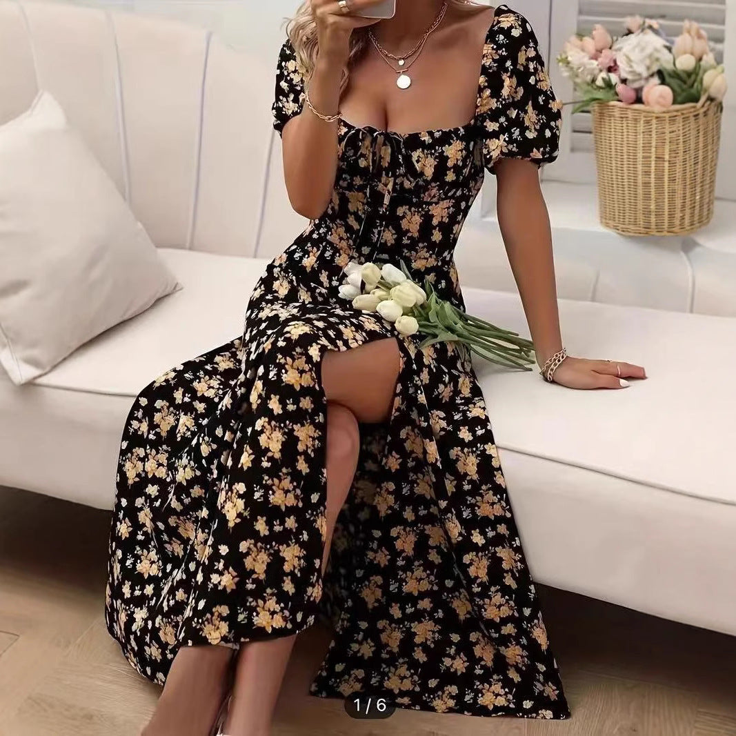 Floral Print Short Sleeve Split Dress Summer Fashion Lace-up Beach Long Dresses Women's Clothing