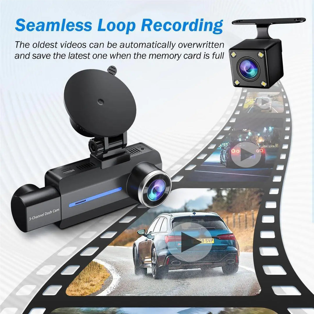 3-Channel 2K HD Dash Cam with Front, Rear & Inside Recording, IR Night Vision