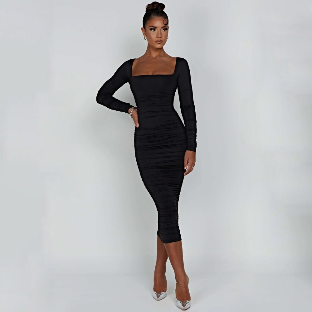 Autumn Winter Long Sleeve Ruched Midi Dress for Women