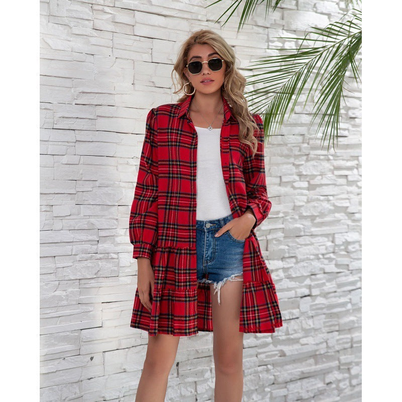 Plaid Shirt Long Sleeve Single Breasted Dress