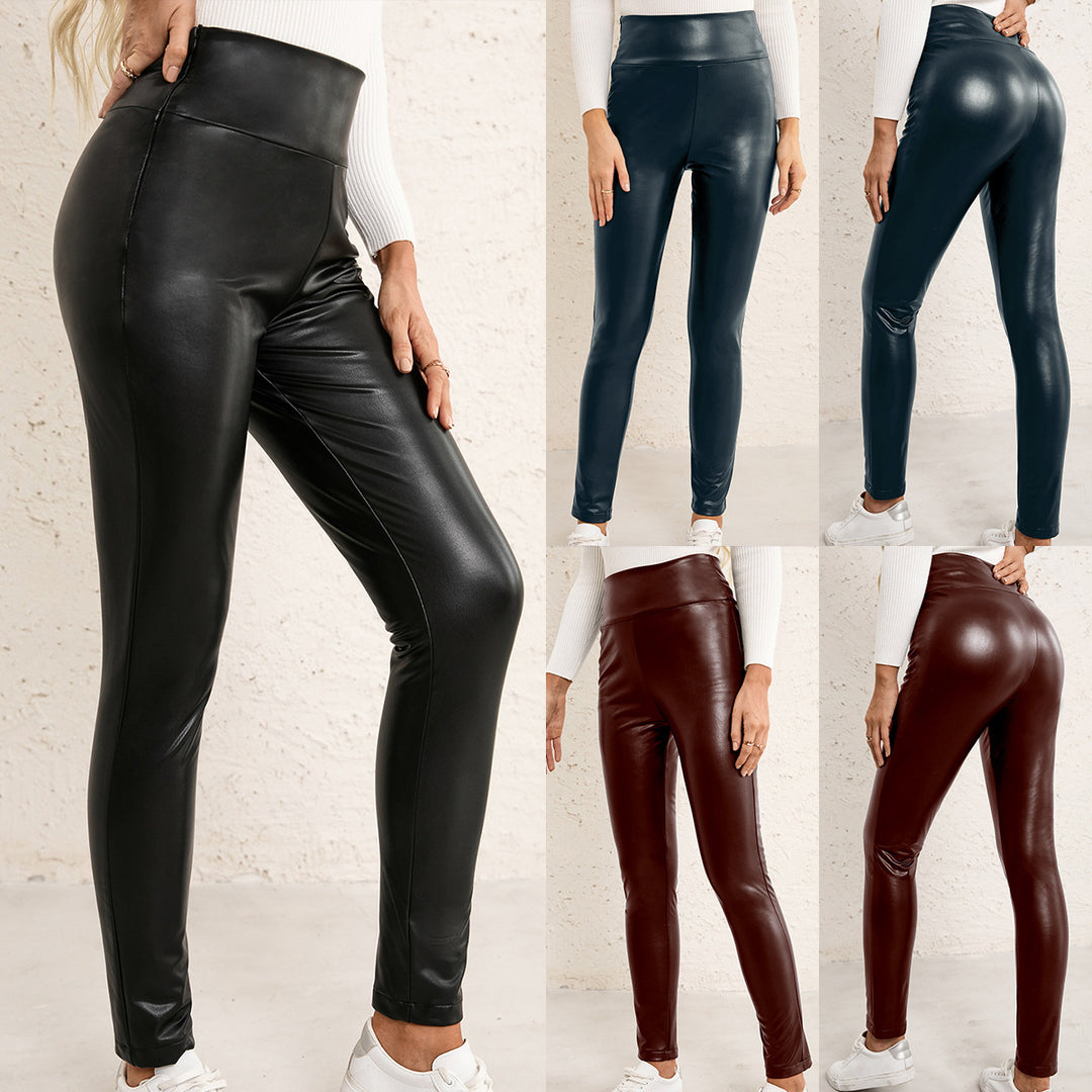 High Elasticity Slim Fit PU Trousers Motorcycle Skinny Leather Pants Women