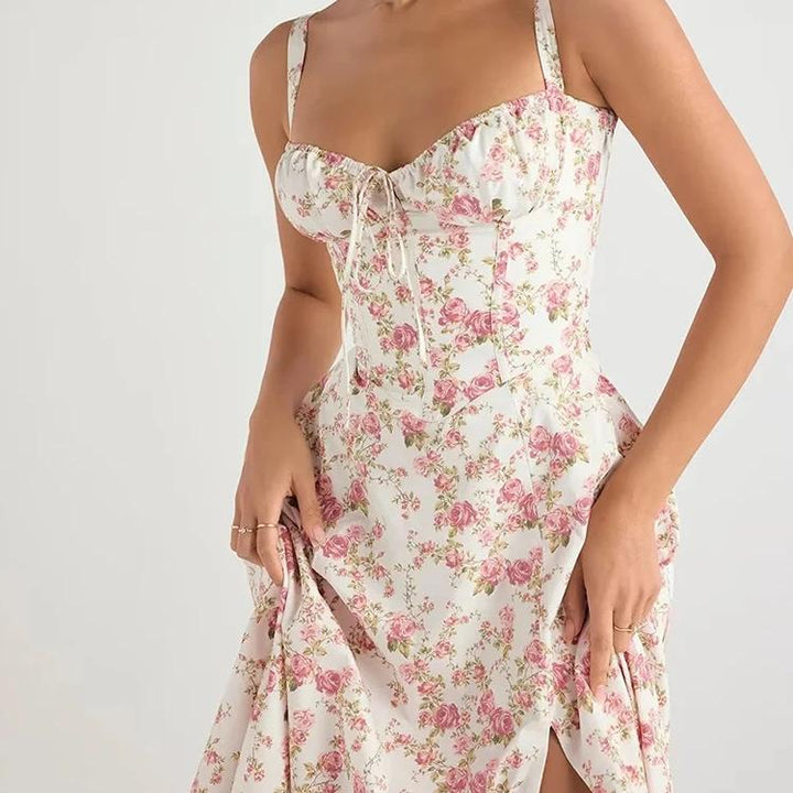 Floral Print Camisole Midi Dress with Lace-Up Detail