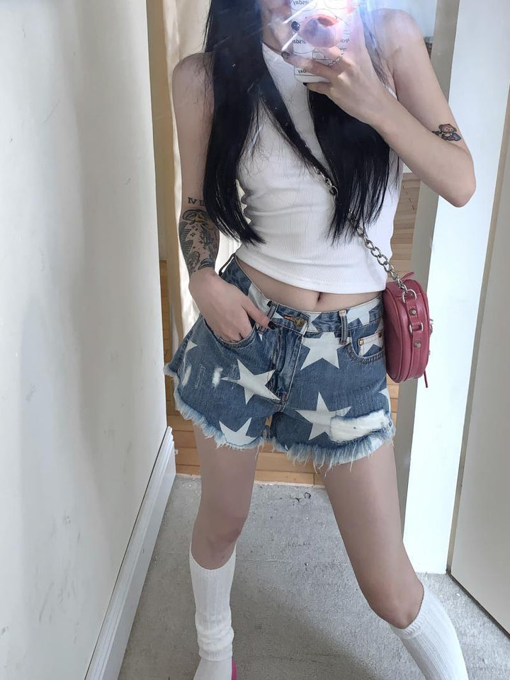 Women's Summer Star Vintage Print Raw Edge Denim Shorts