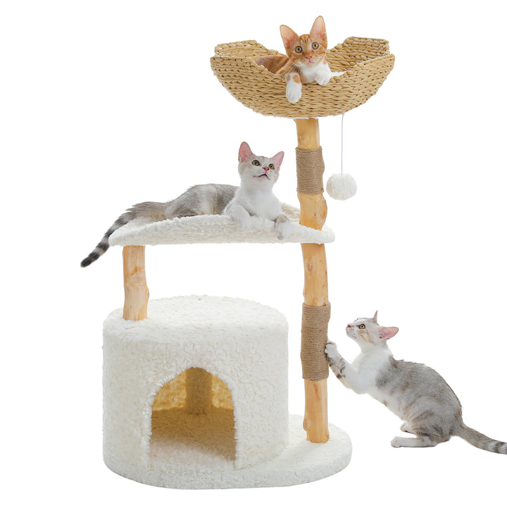 Modern Cat Tree with Woven Basket, Hammock & Solid Wood Scratching Post for Large Indoor Cats