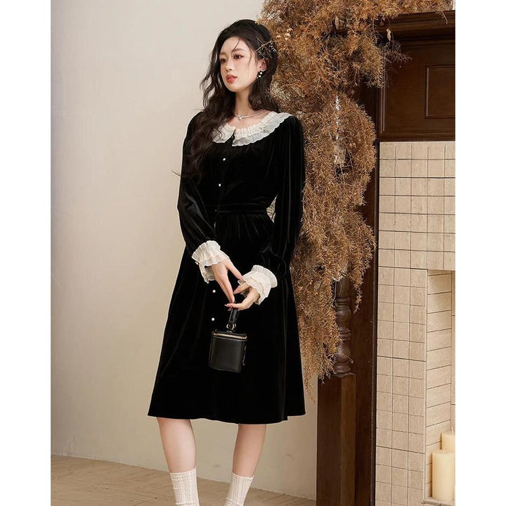 Elegant Women's Velvet Button Down Dress for Autumn/Winter