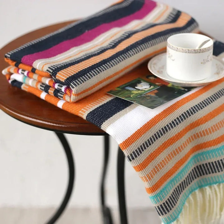 Boho Stripe Knitted Throw Blanket with Tassels