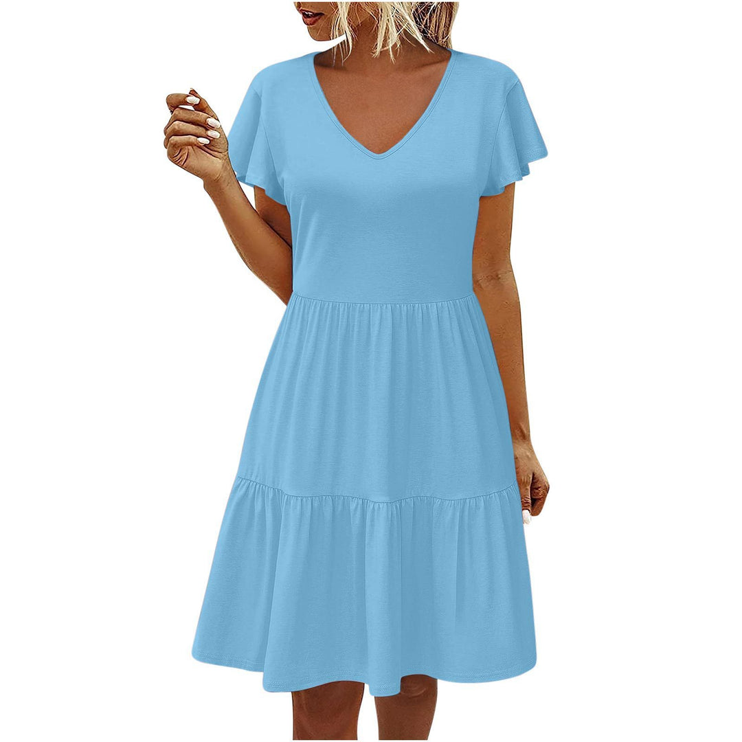 Women's Clothing Flying Sleeves Pleating Layered Short Sleeve Dress