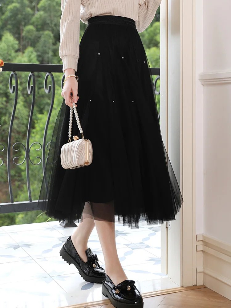 Elegant High-Waist A-Line Mesh Skirt