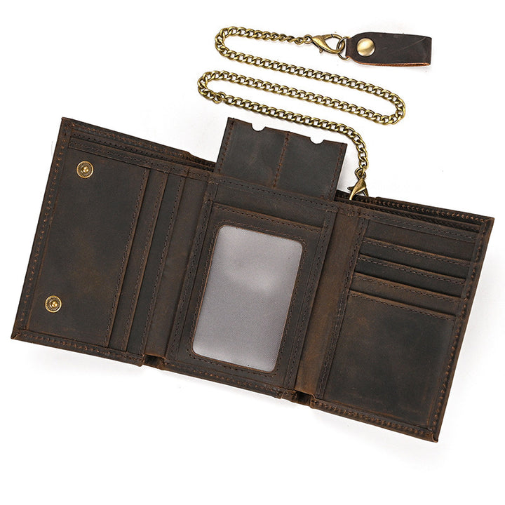 RFID Genuine Leather Small Wallet Men's Three Fold Multiple Card Slots With Iron Chain