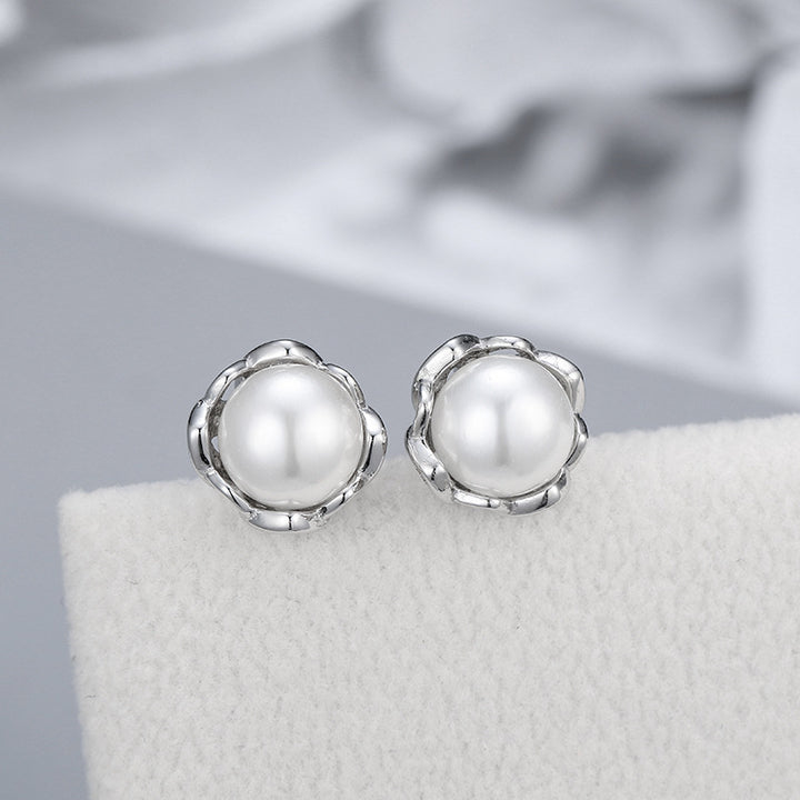 S925 Sterling Silver Simple Flower Pearl Stud Earrings New Micro Inlaid Zircon