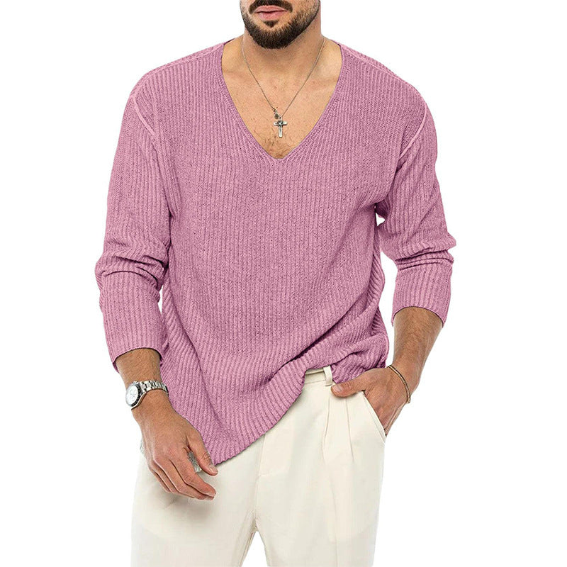 European And American V-neck Sweater Men's Solid Color Long Sleeve Fashionable Knitted Sweater