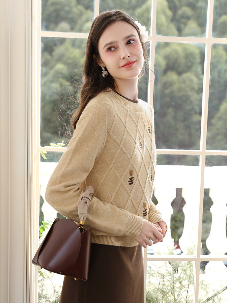 Cozy Khaki Embroidered Crew Neck Knit Sweater for Women - Autumn/Winter 2024