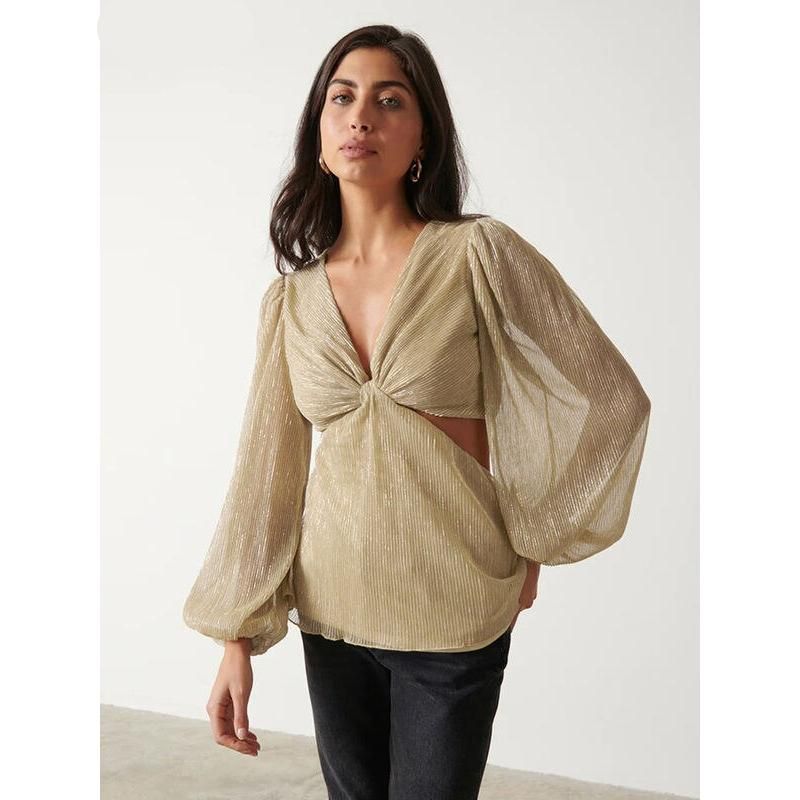 Gold Pleated V-Neck Blouse with Puff Sleeves