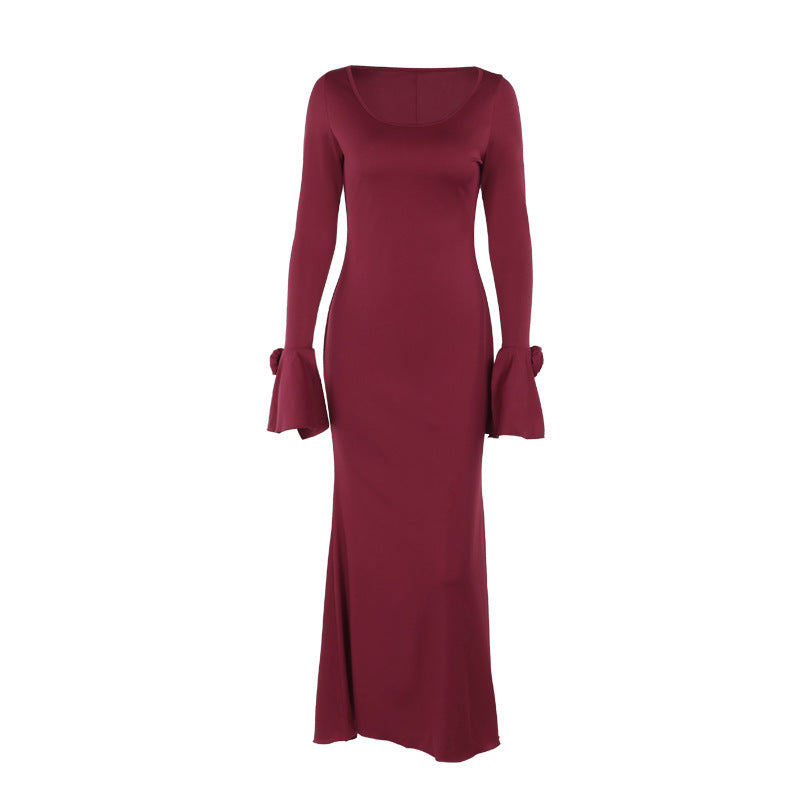 Round Neck Rose Long Sleeve Dress Women