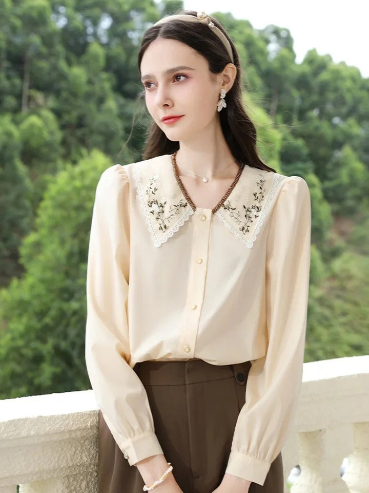 Elegant Autumn Embroidered Lapel Puff Sleeve Blouse