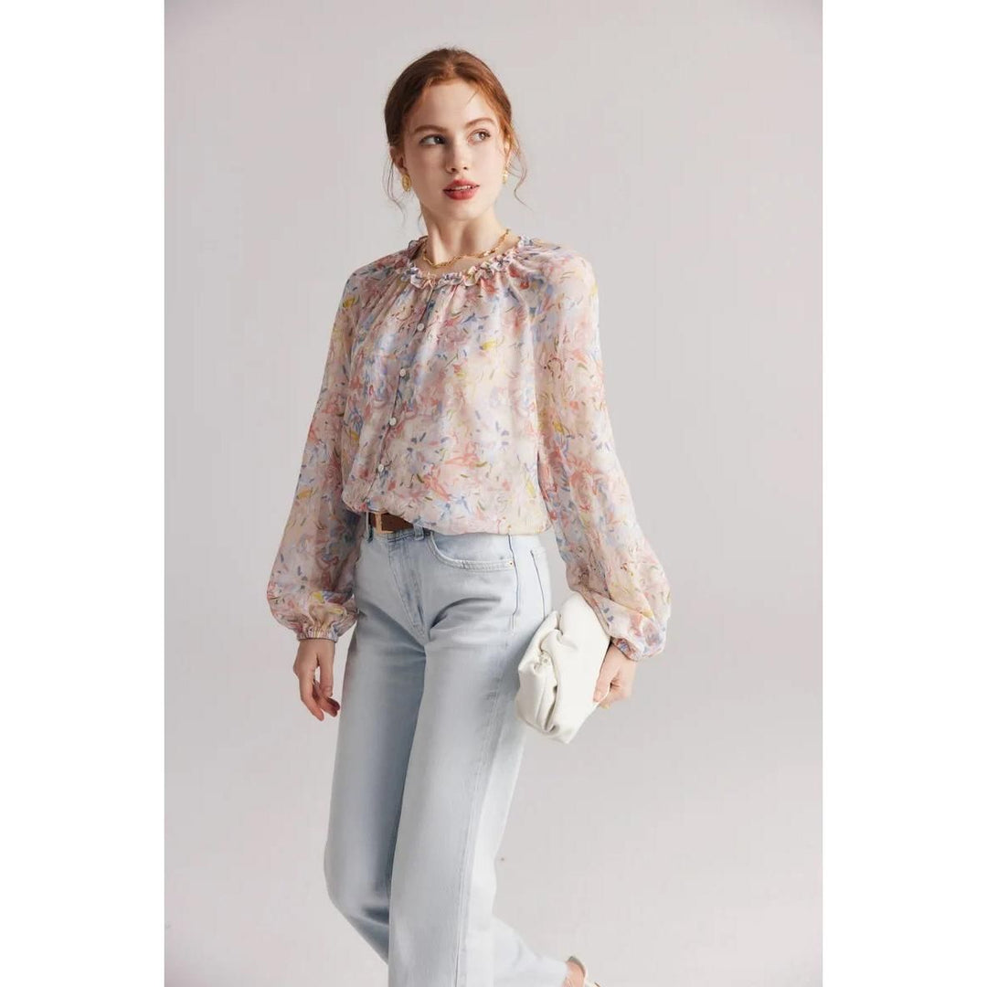 Floral Ruffle Silk-Blend Casual Blouse