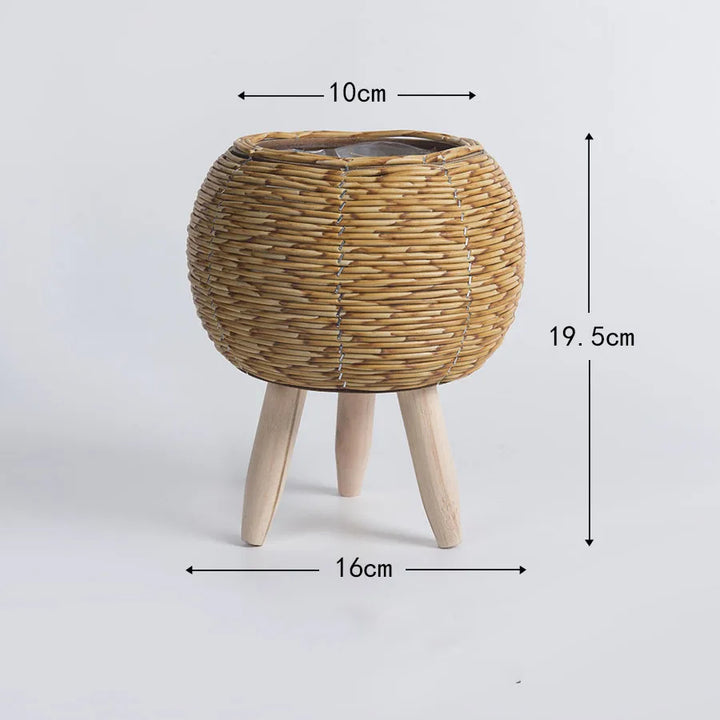 Vintage Imitation Rattan Flower Stand with Wooden Legs