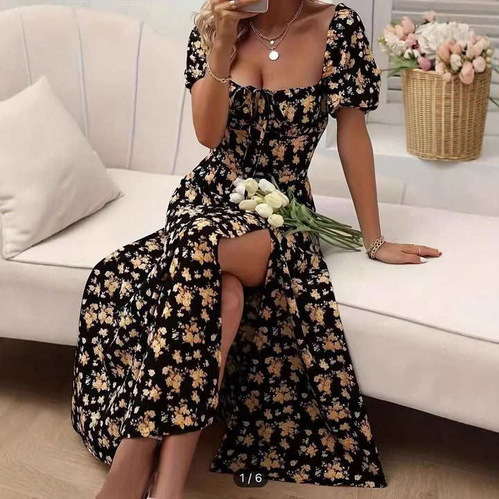 Floral Print Short Sleeve Split Dress Summer Fashion Lace-up Beach Long Dresses Women's Clothing