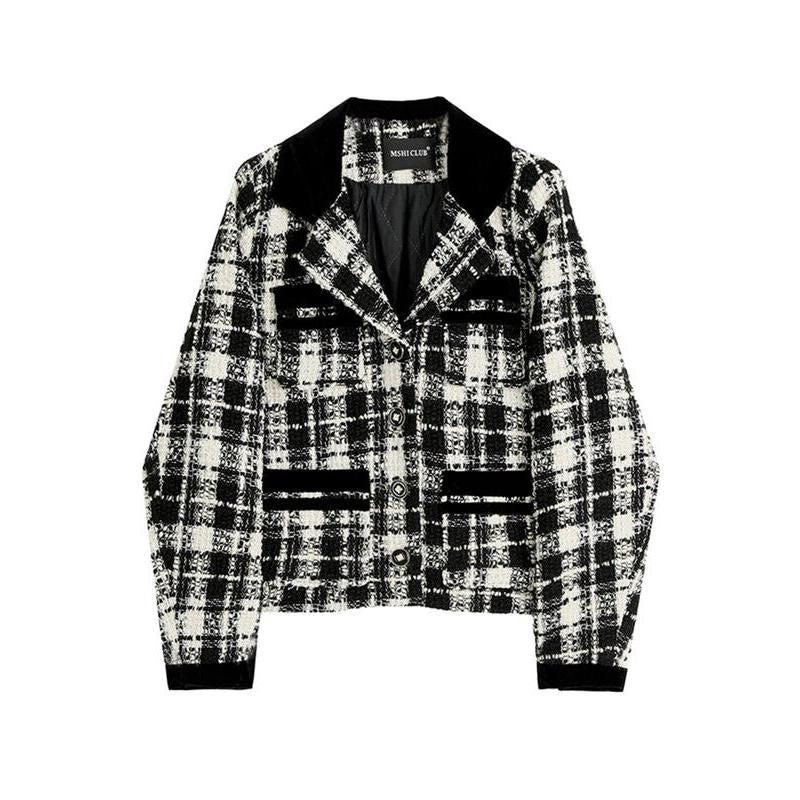 Chic Plaid Contrast Woolen Women's Short Jacket