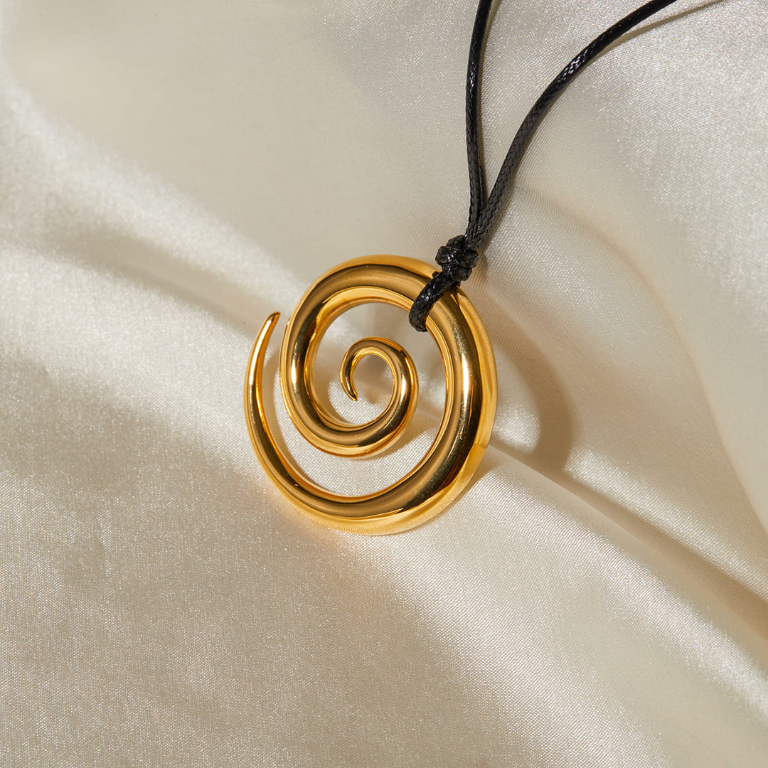Gold Black Rope Spiral Circle Pendant Necklace