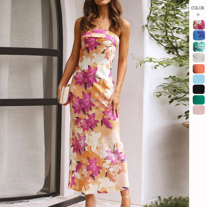 Spring And Summer New Elegant Socialite Satin Backless Tube Top Dress Printing