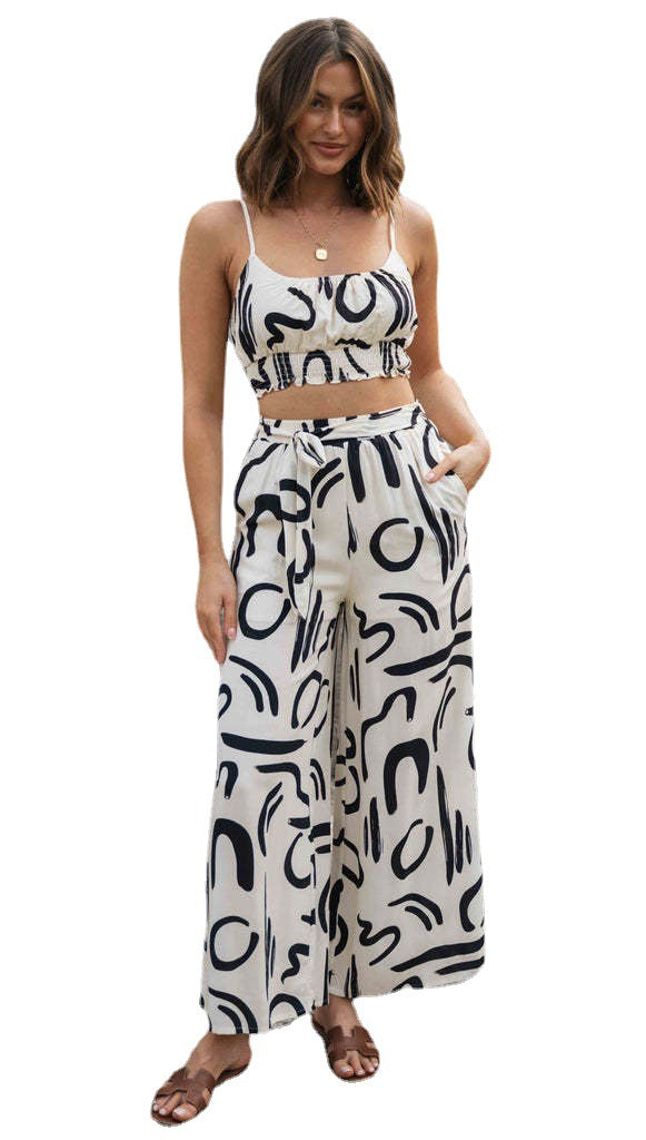 For European And American Women's Clothing New Printed Sleeveless Strap Short Top Long Wide-leg Pants