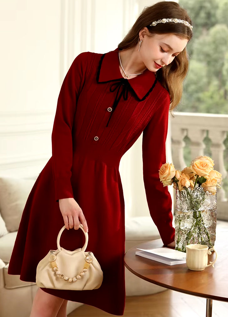 Elegant Vintage Red Long Sleeve Knitted Dress