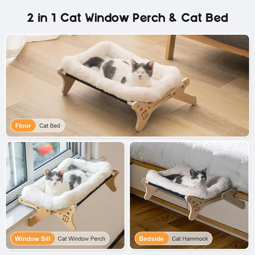 Adjustable 2-in-1 Wooden Cat Window Hammock with Soft Bed