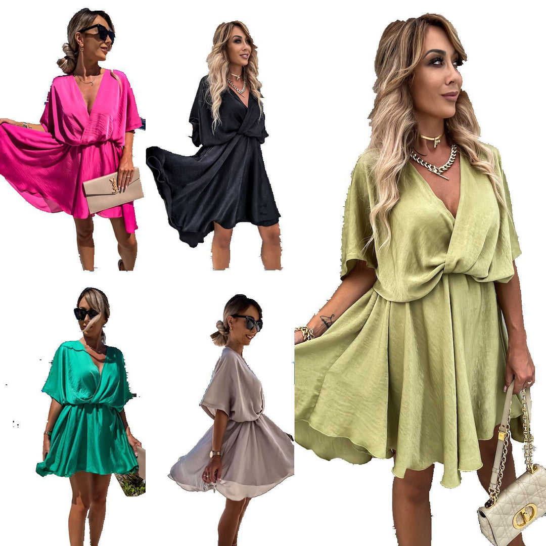 Graceful And Fashionable V-neck Satin Loose Casual Women's Dress