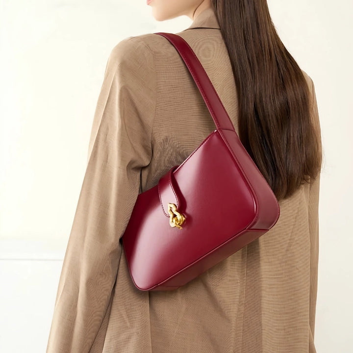 Luxury Wine Red Genuine Leather Half Moon Shoulder Bag for Women