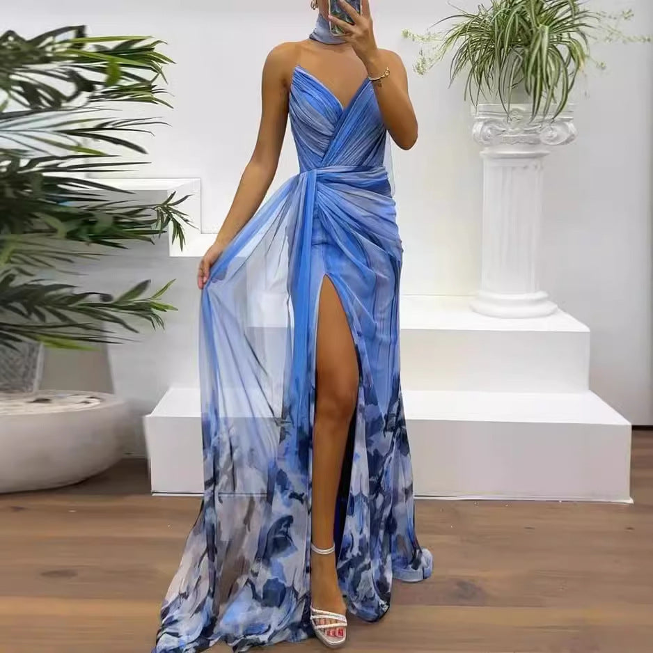 Summer Fashion Sleeveless Elegant Slit Print Dress