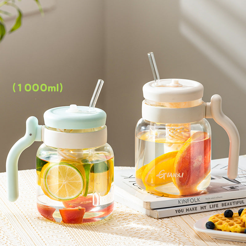 1000ML Glass Tumbler with Lid and Straw