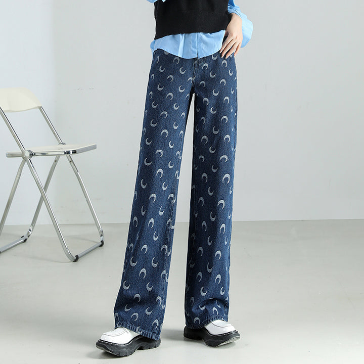 Women's High-Waist Moon Print Baggy Jeans: Casual Vintage-Inspired Denim