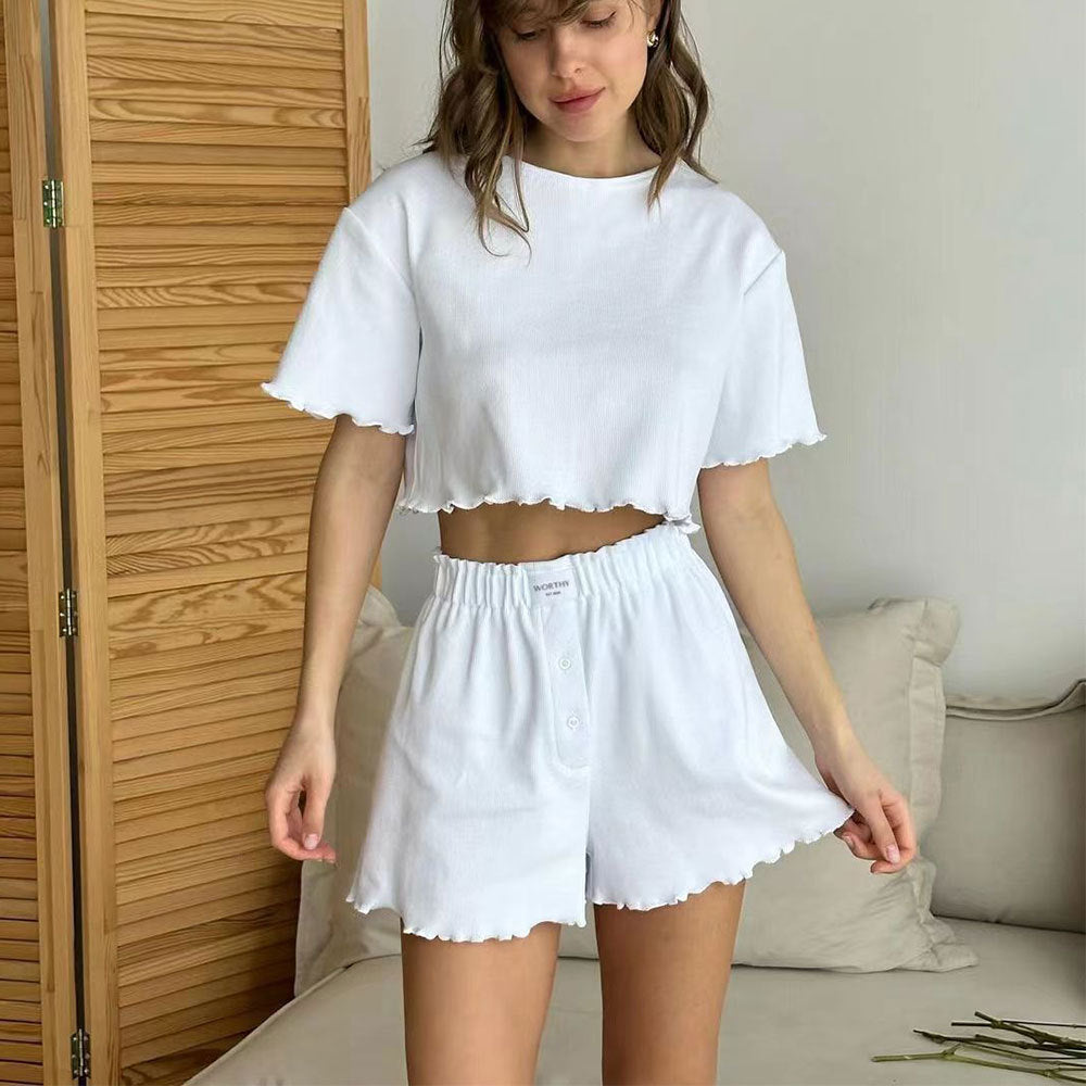 Ruffled Short Sleeve Suit Summer Elastic-band Shorts And Round Neck Cropped Top Fashion Women's Clothing