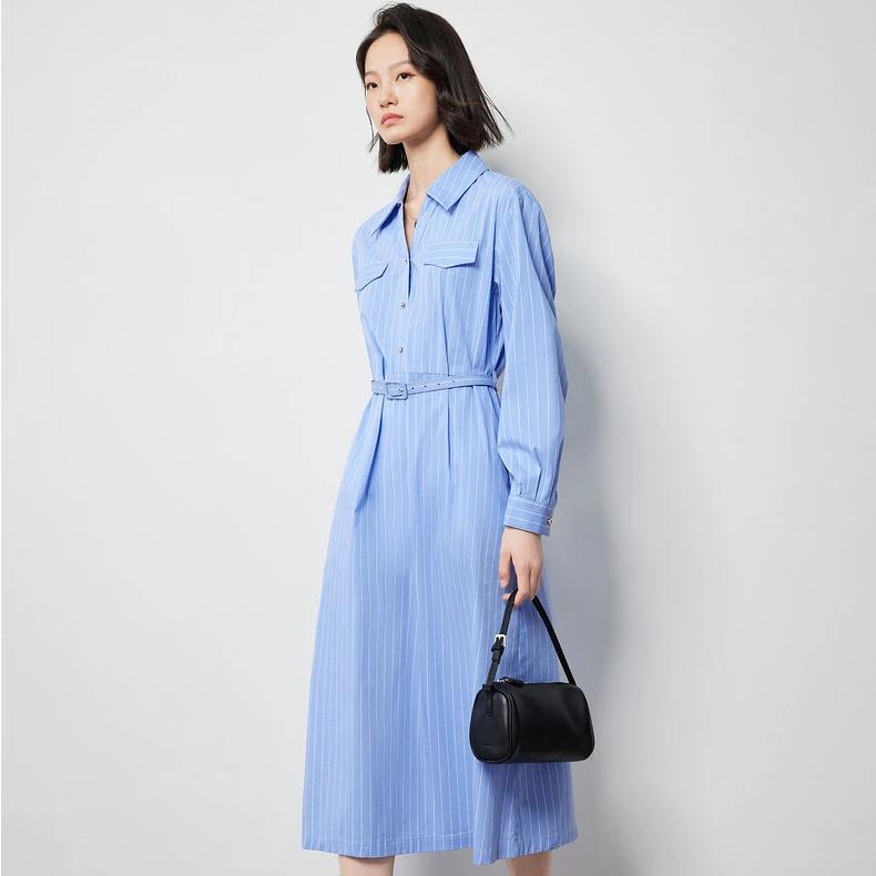 Women's Autumn Blue and White Striped A-Line Shirt Dress