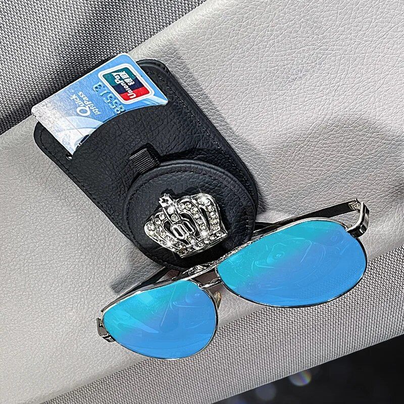 Luxury Leather Car Visor Sunglass and Card Holder with Diamond Crown