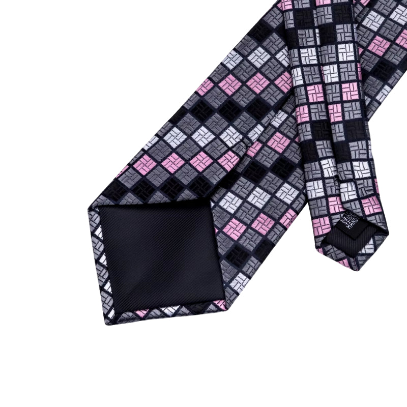 Elegant Grey Plaid Silk Tie Set with Cufflinks and Pocket Square