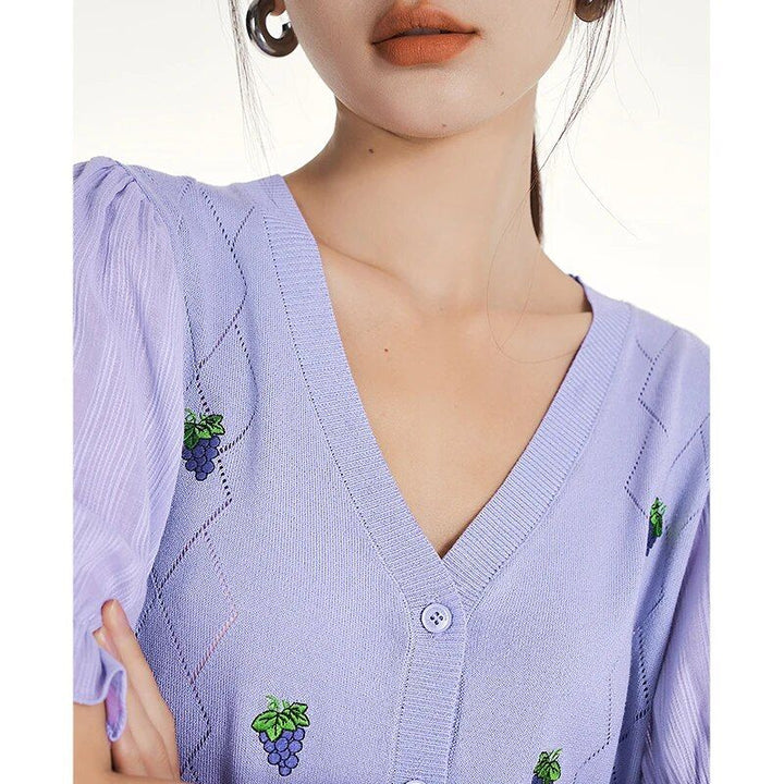 Summer Puff Sleeve V-Neck Knit T-Shirt with Grape Embroidery