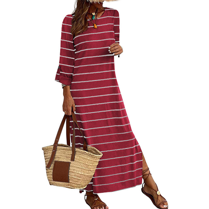 Long Sleeve Striped Printed All-matching Casual Style Pullover Dress