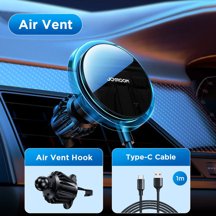 15W Magnetic Car Phone Holder with Wireless Charging and Air Vent Clip for iPhone 12-15 Series