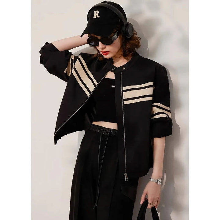 Spring Women's Loose Fit Striped Jacket with Contrast Colors